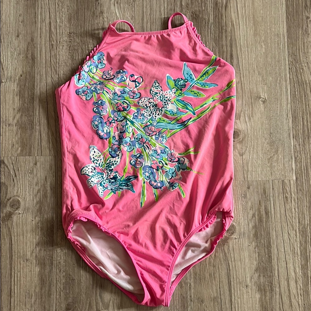 Lilly Pulitzer Girls Pink and Green One Piece Swimsuit (Size 12)